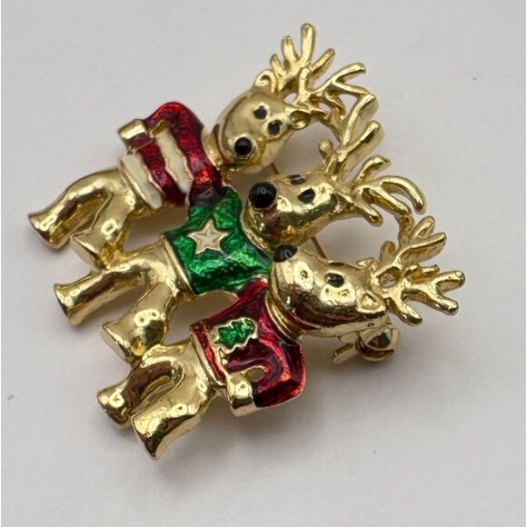 Dancing Reindeer Trio Christmas Brooch Gold Tone Pin Red Green Enamel Sweaters - Picture 4 of 6